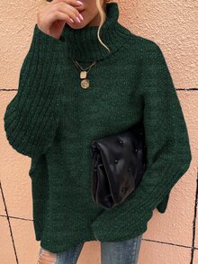 SHEIN LUNE High Neck Batwing Sleeve Jumper - Dark Green - View 3