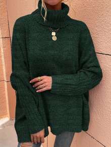 SHEIN LUNE High Neck Batwing Sleeve Jumper - Dark Green - View 4