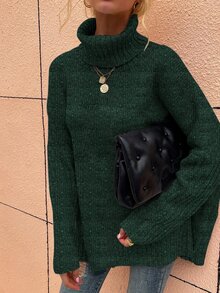 SHEIN LUNE High Neck Batwing Sleeve Jumper - Dark Green - View 5