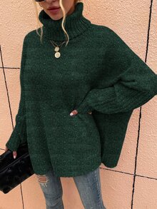 SHEIN LUNE High Neck Batwing Sleeve Jumper - Dark Green - View 6