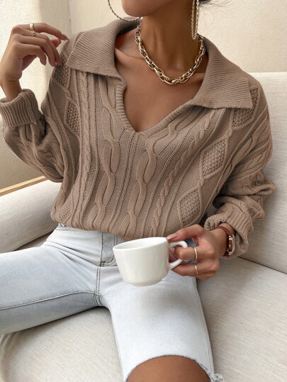 EMERY ROSE V-Neck Collared Cable Knit Sweater,Long Sleeve Tops Knit Pullover Fall Winter Outfit