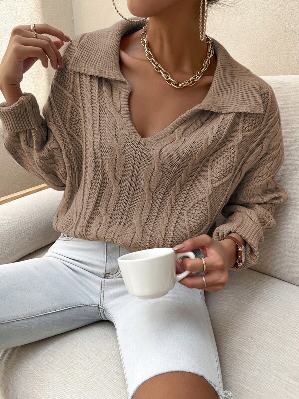 EMERY ROSE V-Neck Collared Cable Knit Sweater,Long Sleeve Tops Knit Pullover Fall Winter