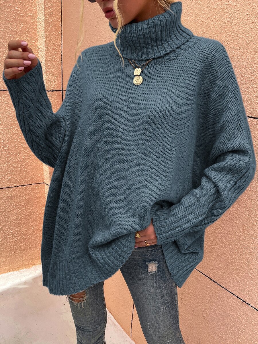 SHEIN LUNE High Neck Batwing Sleeve Jumper - Dusty Blue - View 1
