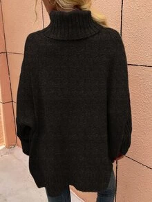 SHEIN LUNE High Neck Batwing Sleeve Jumper - Chocolate Brown - View 2