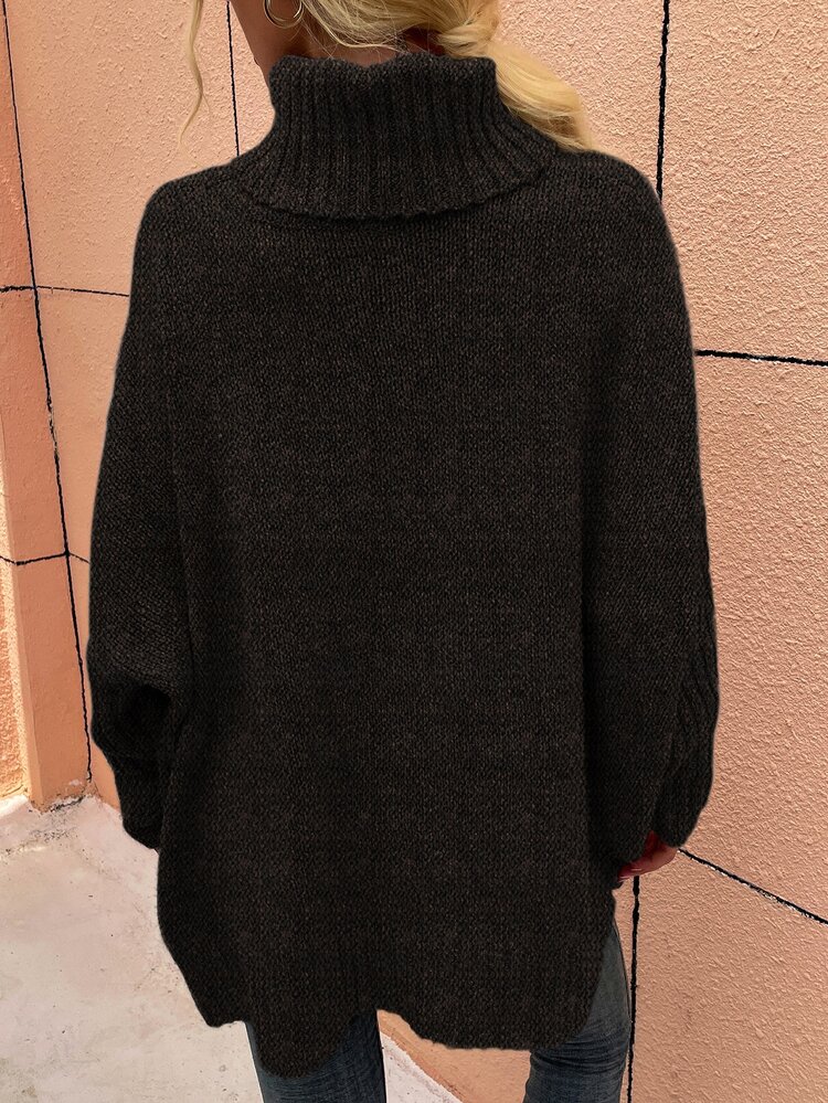 SHEIN LUNE High Neck Batwing Sleeve Sweater - Chocolate Brown - View 2