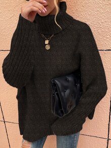 SHEIN LUNE High Neck Batwing Sleeve Jumper - Chocolate Brown - View 3
