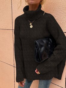 SHEIN LUNE High Neck Batwing Sleeve Jumper - Chocolate Brown - View 4