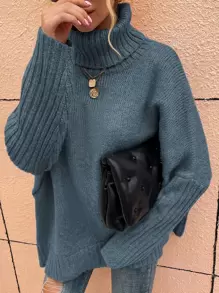 SHEIN LUNE High Neck Batwing Sleeve Jumper - Dusty Blue - View 3
