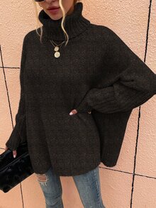 SHEIN LUNE High Neck Batwing Sleeve Jumper - Chocolate Brown - View 5