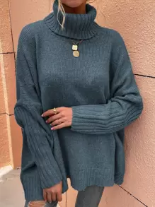 SHEIN LUNE High Neck Batwing Sleeve Jumper - Dusty Blue - View 4