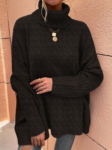 SHEIN LUNE High Neck Batwing Sleeve Jumper - Chocolate Brown - View 6