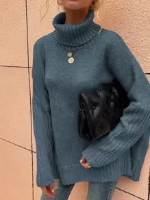 SHEIN LUNE High Neck Batwing Sleeve Jumper - Dusty Blue - View 5