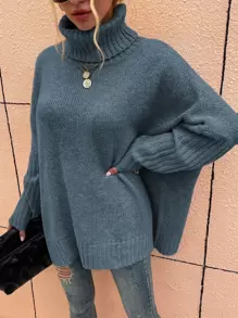 SHEIN LUNE High Neck Batwing Sleeve Jumper - Dusty Blue - View 6