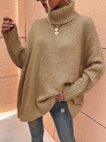 SHEIN LUNE High Neck Batwing Sleeve Jumper - Khaki - View 1