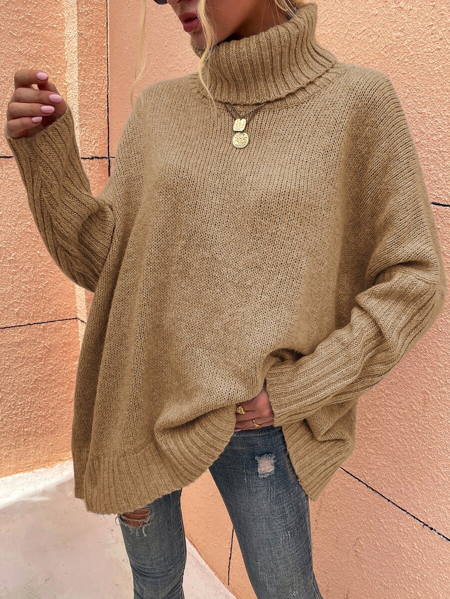 SHEIN LUNE High Neck Batwing Sleeve Jumper - Khaki - View 1