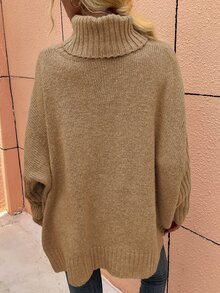 SHEIN LUNE High Neck Batwing Sleeve Jumper - Khaki - View 2