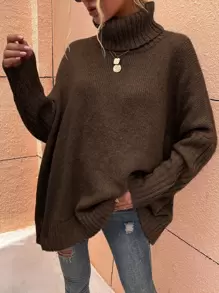 SHEIN LUNE High Neck Batwing Sleeve Jumper - Chocolate Brown - View 1