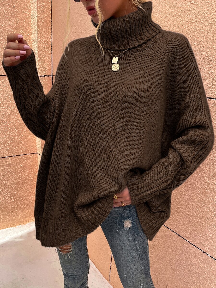 SHEIN LUNE High Neck Batwing Sleeve Jumper - Chocolate Brown - View 1