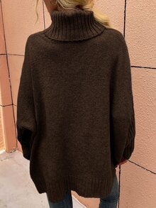 SHEIN LUNE High Neck Batwing Sleeve Jumper - Chocolate Brown - View 2