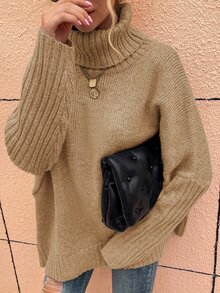 SHEIN LUNE High Neck Batwing Sleeve Jumper - Khaki - View 3