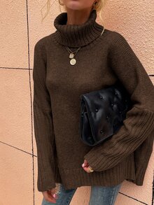 SHEIN LUNE High Neck Batwing Sleeve Jumper - Chocolate Brown - View 3