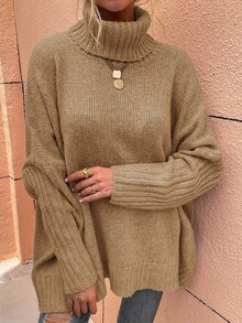SHEIN LUNE High Neck Batwing Sleeve Jumper - Khaki - View 4
