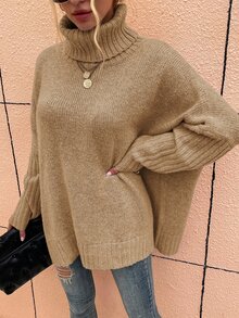 SHEIN LUNE High Neck Batwing Sleeve Jumper - Khaki - View 5