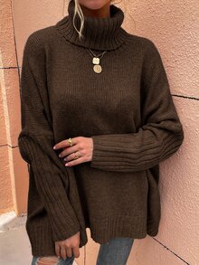 SHEIN LUNE High Neck Batwing Sleeve Jumper - Chocolate Brown - View 4