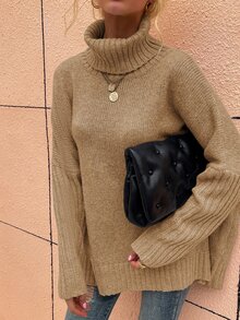 SHEIN LUNE High Neck Batwing Sleeve Jumper - Khaki - View 6