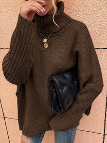SHEIN LUNE High Neck Batwing Sleeve Jumper - Chocolate Brown - View 5