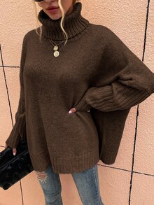 SHEIN LUNE High Neck Batwing Sleeve Jumper - Chocolate Brown - View 6