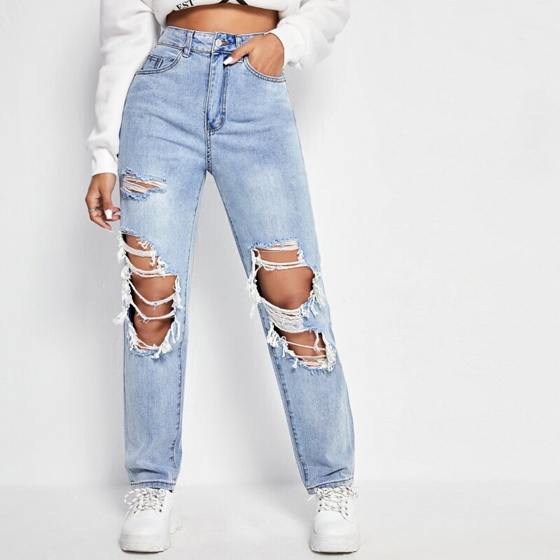 

Light Washed High Waist Ripped Jeans, Medium wash