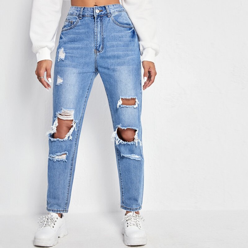 

Ripped Cut Out Straight Leg Jeans, Medium wash
