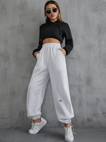 SHEIN EZwear Quần thể thao nữ Đắp vá Túi màu trơn - trắng - Xem 4