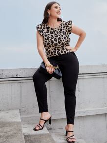 SHEIN Clasi Plus Ruffle Trim Leopard Top - Apricot - View 3