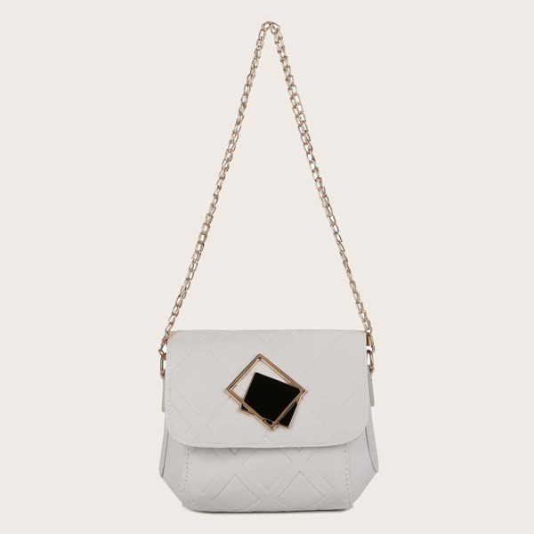 

Metal Decor Textured Shoulder Bag, White