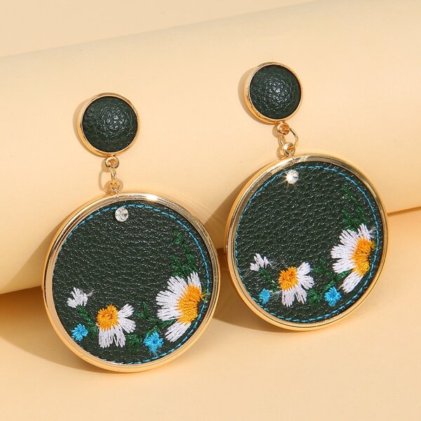 

Flower Embroidered Round Drop Earrings, Green