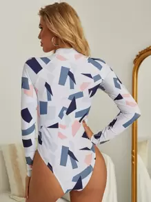 SHEIN Swim 幾何圖案前拉鍊連體泳衣 - 彩色 - 查看 2