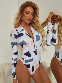 SHEIN Swim 幾何圖案前拉鍊連體泳衣 - 彩色 - 查看 3