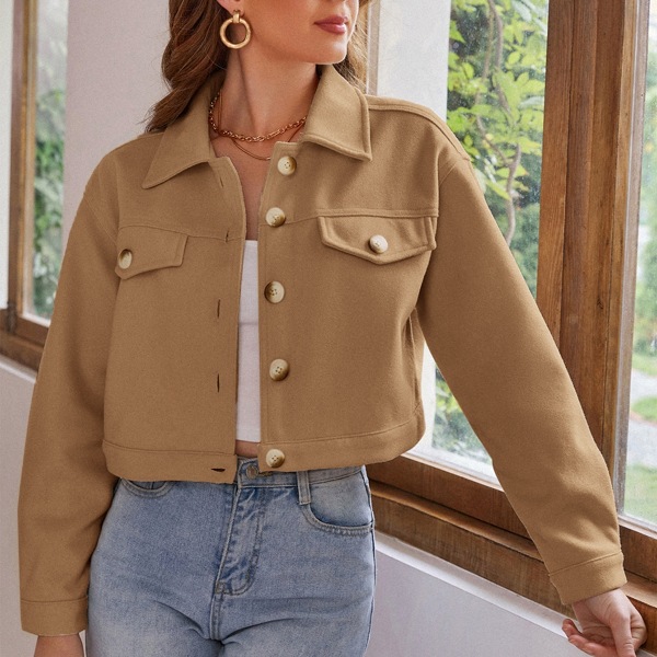 

Solid Button Front Drop Shoulder Overcoat, Camel