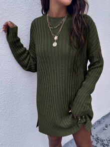 SHEIN LUNE Drop Shoulder Slit Hem Jumper Dress - Army Green - View 1