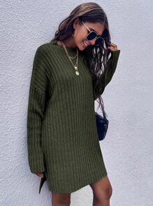SHEIN LUNE Drop Shoulder Slit Hem Jumper Dress - Army Green - View 4