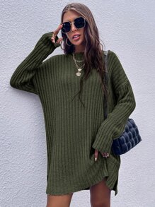 SHEIN LUNE Drop Shoulder Slit Hem Jumper Dress - Army Green - View 5