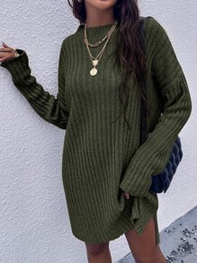 SHEIN LUNE Drop Shoulder Slit Hem Jumper Dress - Army Green - View 7