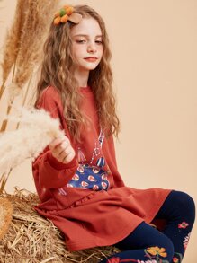 女孩包包印花荷葉邊連衣裙 - 亮橙色 - 查看 3