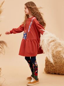 女孩包包印花荷葉邊連衣裙 - 亮橙色 - 查看 4