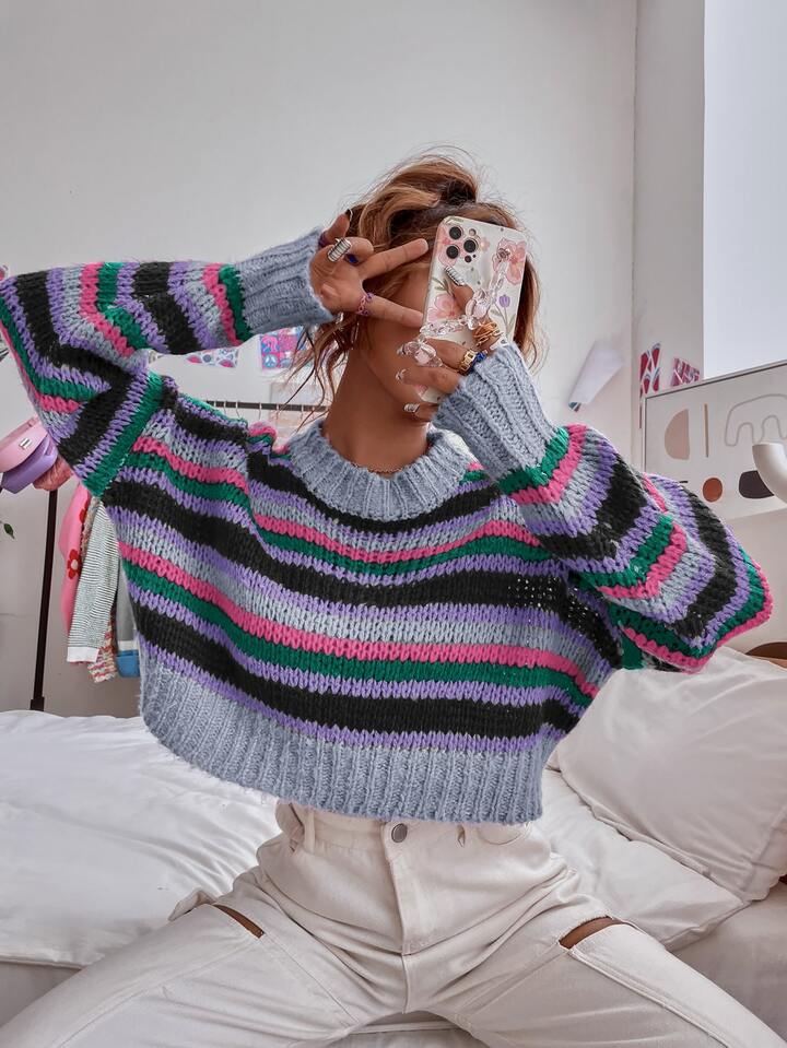 Striped Pattern Drop Shoulder Sweater | SHEIN