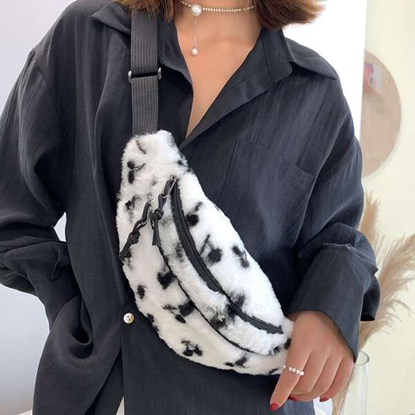 

Cherry Graphic Fluffy Fanny Pack, Black and white