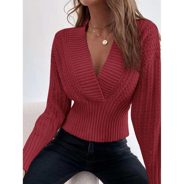 

Solid V Neck Wrap Drop Shoulder Sweater, Maroon