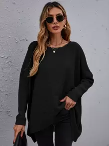 SHEIN LUNE Jersey de hombros caídos bajo irregular - Negro - Ver 1